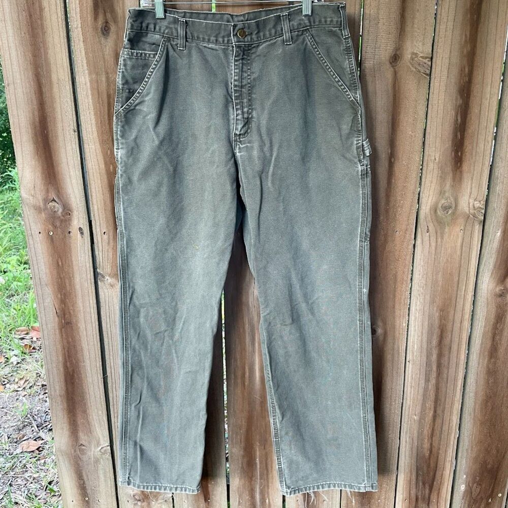 CARHARTT B11 MOS Green Dungaree Fit PANTS Carpenter Broken In 34 x 32